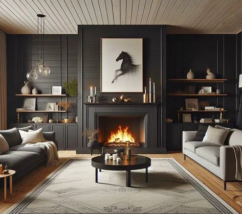 Black Shiplap Fireplace Wall, White Shiplap Fireplace, Black Shiplap Fireplace, Shiplap Fireplace Wall, Shiplap Fireplace Ideas, Fireplace Wall Ideas, Creative Living Room Ideas, Black Shiplap, Basement Fireplace