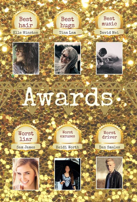 Glitter overload! This yearbook awards page is sure to dazzle your readers! Homemade Yearbook, Yearbook Specialty Pages, Gold Yearbook, Yearbook Ideas Pages, Fun Yearbook Pages Ideas, Yearbook Page Ideas, Yearbook Ideas, Creative Yearbook Ideas, Yearbook Class