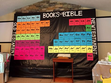 Table of Elements with the Books of the Bible. SonSpark Labs VBS Science Lab Classroom Decorations, Power Lab Vbs Decorations, Gods Wonder Lab Vbs Decorations, Science Vbs Decorations, Time Lab Vbs Decorations, Vbs Science Lab Decorations, Vbs Camping Theme, Science Vbs, Sunday School Themes