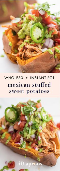 These Whole30 Instant Pot Mexican stuffed sweet potatoes with chicken are the perfect Whole30 dinner: insanely full of flavor, filling, and full of protein, fiber, and healthy fats. Your new go-to Whole30 Mexican recipe! A great anytime paleo Mexican dinner, too. Mexican Stuffed Sweet Potatoes, Paleo Mexican, Whole30 Instant Pot, Instant Pot Mexican, Whole30 Dinner, Stuffed Sweet Potatoes, Mexican Recipe, Whole30 Dinners, Mexican Dinner