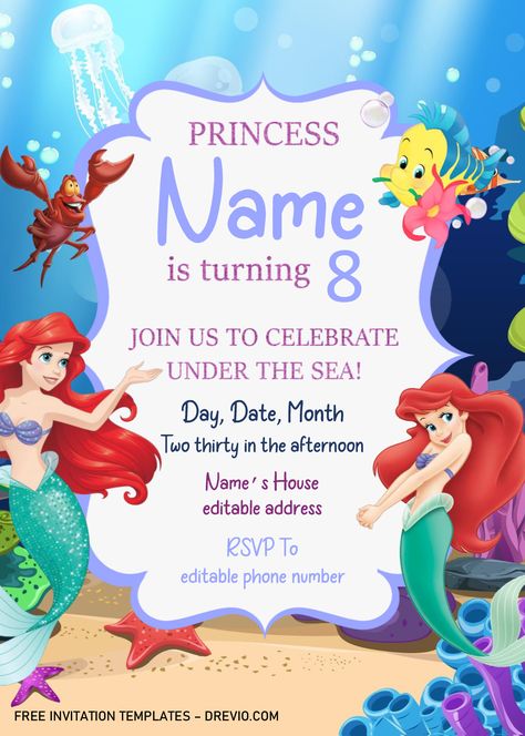 Cool Little Mermaid Birthday Invitation Templates - Editable .Docx This type of party involves stunning Under the sea-themed invites, colorful decorations, tasty food and lots of dressing up. It’s perfect for children of any age and can be done lavishly or on a budge... Mermaid Birthday Invitations Free, Little Mermaid Invitations, Mermaid Party Invitations, Mermaid Birthday Party Invitations, Ariel Birthday Party, Colorful Decorations, Free Printable Invitations Templates, Ariel Birthday, Mermaid Invitations