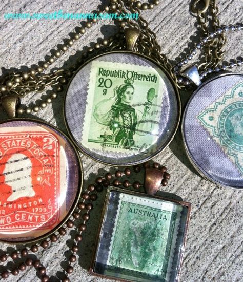 Old Postage Stamps, Postage Stamps Crafts, Stamp Necklace, Stamp Jewelry, Stamp Book, Stamped Necklaces, Old Stamps, Postage Stamp Art, Soldering Jewelry