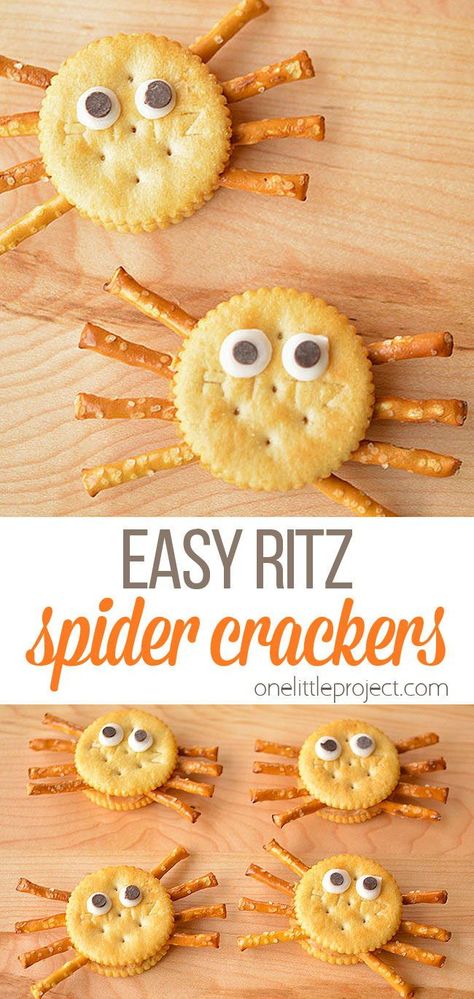 These Ritz cracker spiders are SO EASY! They only take a few minutes to make, and really don’t take any more time to make than a regular lunch! Party Food Ideas For Adults, Buffet Halloween, Outdoor Snacks, Pasteles Halloween, Halloween Appetizers Easy, Kids Smile, Ritz Cracker, Preschool Snacks, Party Food Ideas