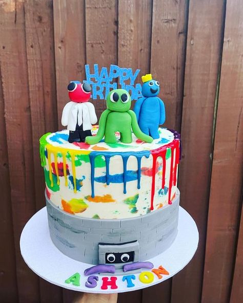 Rainbow Friends Birthday Party Cake, Rainbow Friends Cake Ideas, Roblox Rainbow Friends Cake, Banban Cake, Pastel Rainbow Friends, Rainbow Friends Cake, Rainbow Friends Birthday Party, Roblox Birthday Cake, Bolo Sonic