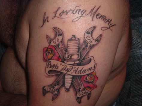 Dad Rip Tattoo, Car Tattoo Sleeve, Automotive Tattoo Ideas, Tattoo Ideas For Grandpa, Tattoos For Women Skull, Remberance Tattoo, Automotive Tattoo, Wrench Tattoo, Rip Tattoos For Dad