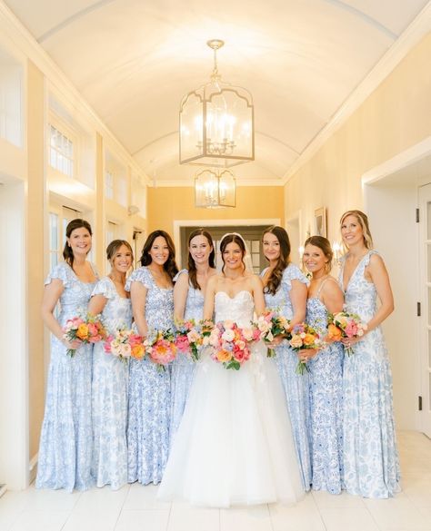 Smith And Quinn Bridesmaids, Blue Colorful Wedding, Blue Bridesmaid Dresses Colorful Flowers, Perrywinkle Wedding Theme, Blue Bridesmaid Dresses Pink Flowers, Blue And Pink Bridesmaid Dresses, Bright Blue Bridesmaid Dresses, Blue And Pink Wedding Theme, Spring Wedding Bridesmaids