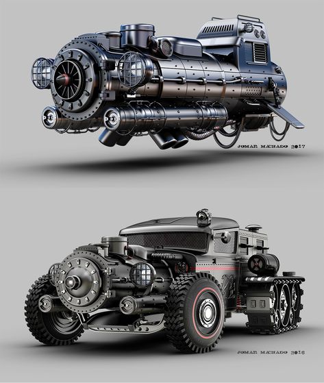 Take a look at these two awesome looking steampunk (or possibly dieselpunk) vehicles! Illustration by  Jomar Machado, http://machadoj.cgsociety.org/art/mad-3dmax-max-hdr-retro-light-future-studio-hover-photoshop-space-transport-ship-war-battle-hot-rod-bike-up-or-down-steam-vehicles-17747684 Jomar Machado, Vehicles Illustration, Steampunk Concept, Fantasy Vehicles, Dieselpunk Vehicles, Steampunk Vehicle, Concept Car Design, Army Vehicles, Steampunk Art