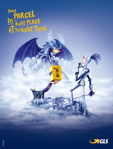 GLS: Dragon Your parcel in the right place, at the right time. Advertising Agency: Grenade & Sparks, Paris, France Creative Director: Guillaume Gamain Art Director: Romain Benard Copywriters: Guillaume Gamain, Agathe Soula Illustrator: Amello Ilustração Published: June 2015 Clever Advertising, News Web Design, Ad Of The World, Great Ads, Graphic Design Ads, Work Art, Guerilla Marketing, Travel Brand, Best Ads