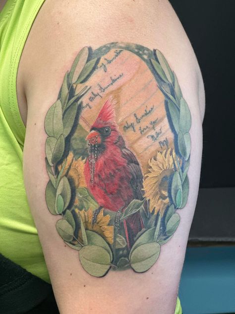 A memorial tattoo I got for my great grandparents. Cardinal And Sunflower Tattoo, Cardinal Tattoo Memorial, Cardinal Tattoo, Cardinal Tattoos, Floral Greenery, Memorial Tattoo, Sunflower Tattoo, Arm Tattoo, Rosary