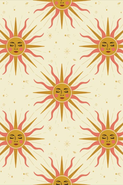 Celestial sun repeat pattern by Julia Kestner Hippy Graphic Design, Celestial Pattern Design, Vintage Patterns Design, Boho Designs Pattern, Sun Design Graphics, Sun Illustration Vintage, Sun Pattern Wallpaper, Sun Illustration Art, Sun Graphic Design