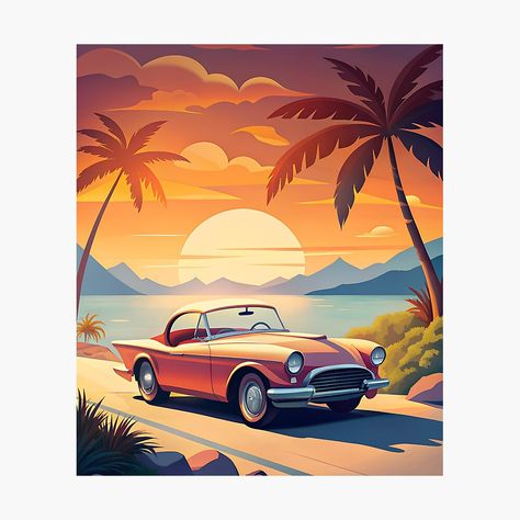 Get my art printed on awesome products. Support me at Redbubble #RBandME: https://www.redbubble.com/i/photographic-print/California-Sunset-Classic-Car-Drive-Retro-Style-by-ZeptepiTrends/160186557.6Q0TX?asc=u Beach Sunset Painting, Car Lover Gifts, Car Drive, California Sunset, Sunset Orange, Car Illustration, Sunset Painting, Painting Art Projects, Vintage Car