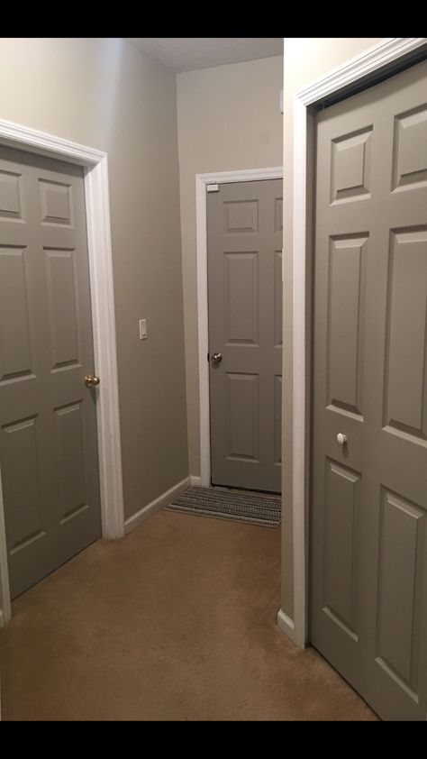 Grey Hallway Doors, Interior Doors Different Color Than Trim, Valspar Smoked Oyster, Grey Doors Interior, Inside Door Colors, Interior Door Colors, Grey Interior Doors, Painted Interior Doors, Black Interior Doors