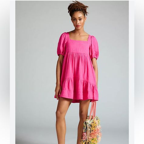 Purchased From Anthropologie, Pilcro Brand Dress. Cute Pink Checker Detail. Never Worn. New With Tags. Size L. Pull On Style. Stretch Neck, Pink Fits, Mini Velvet Dress, Boho Blouses, Anthropologie Dress, Premium Denim, Babydoll Dress, Anthropologie Dresses, Pink Fashion