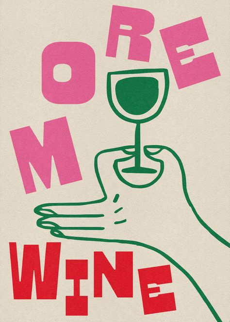 A fun and vibrant illustration featuring a hand holding a wine glass, surrounded by bold text saying “More Wine.” This playful design adds a lively touch to any space!This fine art print is exclusively available at PSTR Studio. It is produced through the sophisticated giclée printing process on premium matte paper, sourced from sustainable forestry. We ensure exceptional color accuracy and stunning, vibrant details for your wall art. Your purchase directly supports the artist!Abbie Franks, a Manchester-based designer and illustrator, creates bold, nostalgic art celebrating life's simple joys. Known for her playful, vibrant style, she experiments with various media, drawing inspiration from her travels, conversations, and daily reflections. Robert Delaunay, Vibrant Illustration, Aubrey Beardsley, Franz Marc, Wine Print, Wine Event, Nostalgic Art, Bold Text, Henri Rousseau