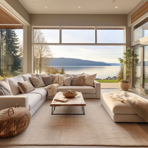 Lakefront Living Room Ideas, Living Room Designs Windows, Living Room Windows Large, Lake View Living Room, Lakeside Living Room, Modern Lake House Living Room, Ocean View Living Room, Living Room With A View, Florida Living Room