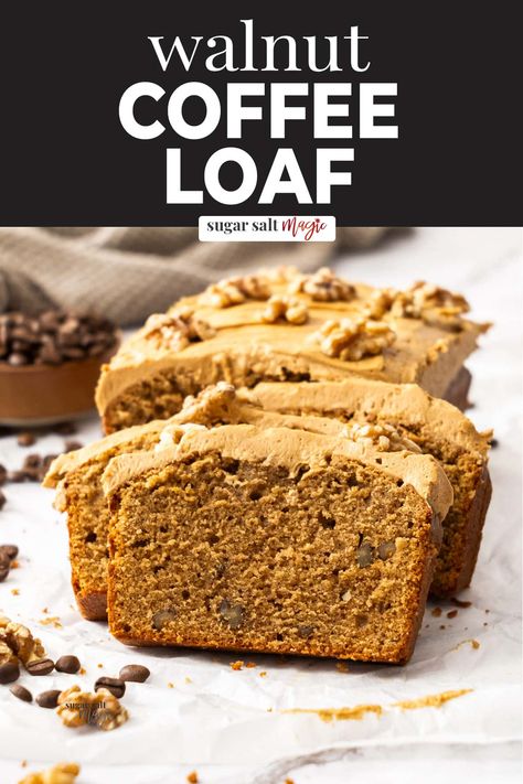 Perfectly soft and moist, this coffee and walnut loaf cake combines rich coffee and the nutty crunch of walnuts. It’s all topped off with the most delectable creamy coffee buttercream. This easy to make coffee and walnut loaf gives you those classic tea room cake flavours in the simplicity of a loaf cake. With so much flavour in easy loaf cake form, if you love coffee flavoured desserts, I promise this coffee loaf cake will become a favourite. Coffee Loaf Cake, Coffee Loaf, Walnut Loaf Cake, Caramel Blondies, Malt Loaf, Corn Cookies, Walnut Loaf, Butter Candy, Candy Corn Cookies