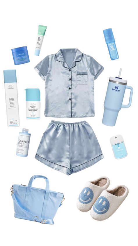 insta: @ miagalvannn #bluebabe #sleepoveressentials #blue #bluecollage #slumberparty #comfortable #blueaesthetic Light Blue Pajamas Aesthetic, Women Essentials List, Blue Pjs Aesthetic, Blue Slumber Party, Blue Sleepover Party, Blue Pajamas Aesthetic, Pajama Party Grown Up, Bachelorette Slumber Parties, Blue Pjs