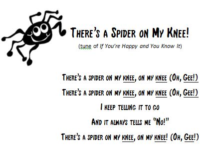 There's a Spider on My Knee!  Great for text extension, creative expression and vocal development.  Version by Deborah K. Oakes. Inhome Daycare, Circle Songs, Spider Song, October Lesson Plans, October Lessons, Childcare Ideas, Halloween Lesson, Circle Time Songs, Kindergarten Songs