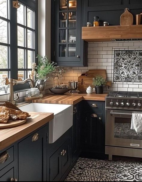 Black Cabinet With Butcher Block, Black Bottom Cabinets Wood Upper, Small Black And Wood Kitchen, Black Kitchen Cabinets With Butcher Block Counters, Black Cabinets Wood Countertop, Black Bottom Cabinets White Upper, Black Rustic Kitchen, Black And Oak Kitchen, Black And Wood Kitchen Cabinets