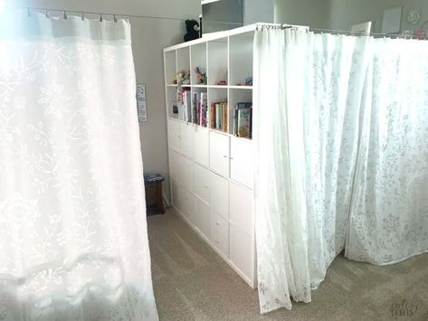 Ikea Kallax As Room Divider, Kallax Bedroom Divider, Divide Room Into Two Spaces Kids, Ikea Kallax Room Divider, Divide Room Into Two Spaces, Wire Curtain Rod, How To Hem Curtains, Violet Bedroom, Kids Room Divider