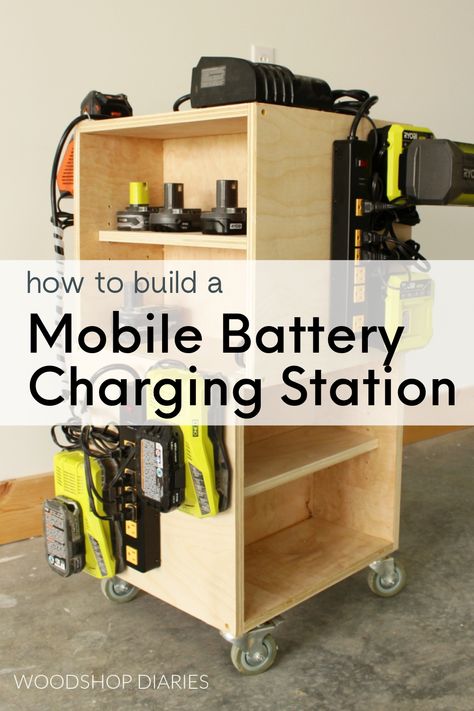 Clear off that workbench and keep your batteries and charges organized in one spot with this mobile battery charging station. It's on wheels so you can roll it around wherever you need it! Tool Battery Charging Station Diy, Drill Battery Charging Station, Battery Charging Station Ideas, Diy Battery Charging Station, Power Tool Battery Charging Station, Tool Charging Station Diy, Dewalt Charging Station, Charging Station Cabinet, Battery Charger Station