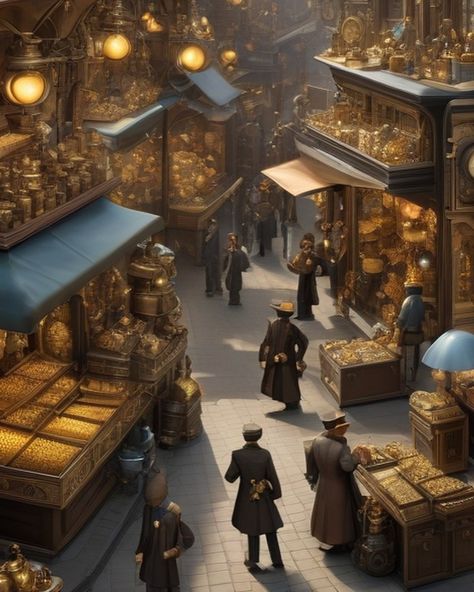 The hustle and bustle of a vibrant #steampunk market in a city. 🌆. #ai #aiartcommunity #aiartwork #steampunkstyle #steampunkart #gold #goodstore #harrypotter Fantasy Market, Steampunk Building, Dnd Aesthetic, Jade Empire, Tea Cottage, Steampunk City, Steampunk Characters, Fantasy Literature, Gold City