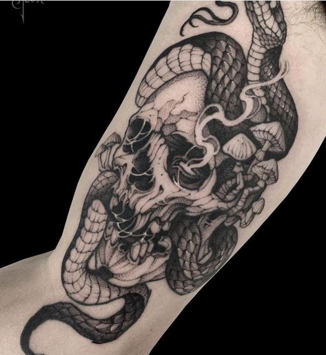 Skull And Snake, Skull Sleeve Tattoos, Bone Tattoos, Snake Tattoo Design, Creepy Tattoos, Dark Art Tattoo, Skull Tattoo Design, Tattoo Illustration, Dark Tattoo