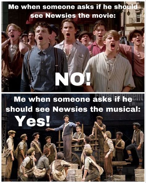 #newsies #musical #musicalmemes #meme Newsies Memes Humor, Newsies Jr, Oliver Musical, Newsies Musical, Musical Theatre Humor, Theatre Humor, Theatre Jokes, Musicals Funny, Theatre Geek