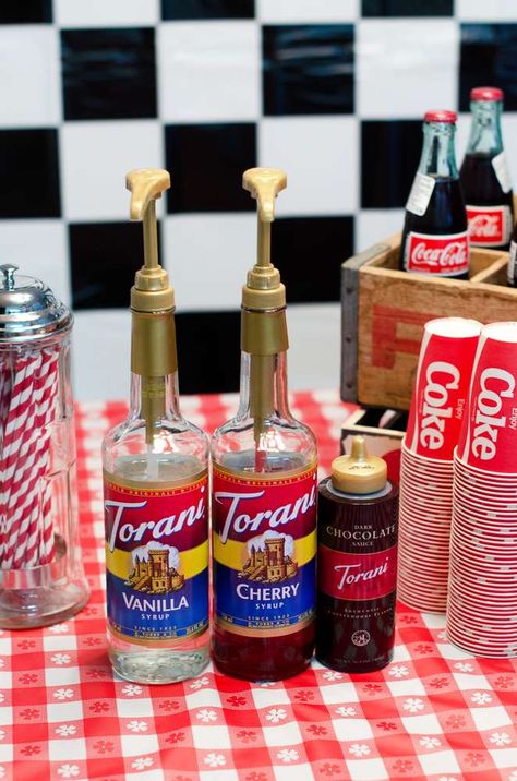 50s Diner Party Food, 50s Party Favors, 50s First Birthday Party, Soda Shoppe Party Ideas, Diner Themed Birthday Party, 50s Birthday Party Theme For Adults, 50s Themed Party Ideas, Soda Fountain Party, 50s Diner Party