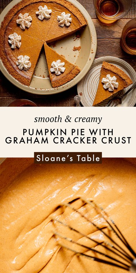 Minimize the Thanksgiving Day chaos by making this pumpkin pie with graham cracker crust ahead of time! The crust and filling each come together in a flash, and once it's baked and chilled overnight, it's ready to be served after the feast. The smooth, creamy pumpkin filling and buttery graham cracker crust are best topped with a dollop of whipped cream! Pumpkin Pie Graham Cracker Crust, Pie In Graham Cracker Crust, Pie With Graham Cracker Crust, Classic Pumpkin Pie Recipe, Classic Pumpkin Pie, Pumpkin Pie Recipe Easy, Perfect Pumpkin Pie, Pumpkin Filling, Graham Cracker Crust Pie