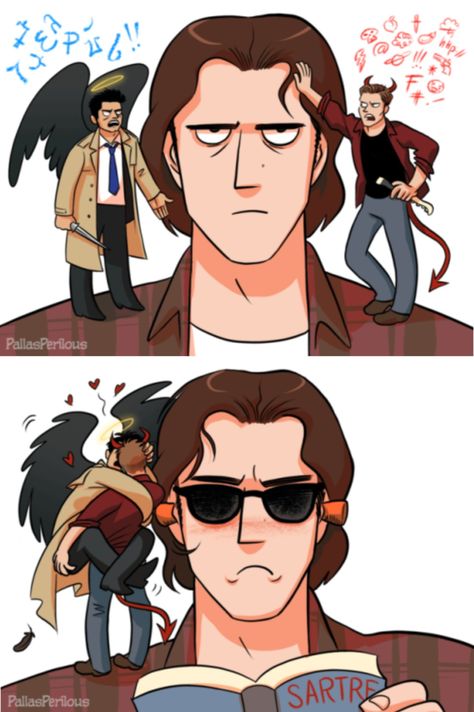 Angel X Demon, Demon X Angel, Demon And Angel, Supernatural Drawings, Supernatural Angels, Supernatural Ships, Destiel Fanart, Supernatural Comic, Detroit: Become Human