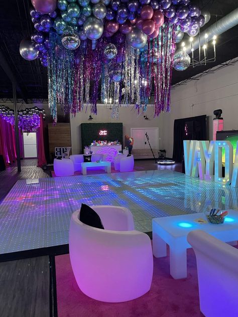 Disco Birthday Party Ideas | Photo 4 of 14 | Catch My Party Disco Aesthetic Party Decorations, Disco 18th Birthday Party, Disco Birthday Decorations, Purple Disco Birthday Party, Disco Themed Sweet 16, Sweet 16 Party Ideas Disco, Karaoke Theme Party Ideas, Night Club Theme Party Ideas, Disco Sweet 16 Party