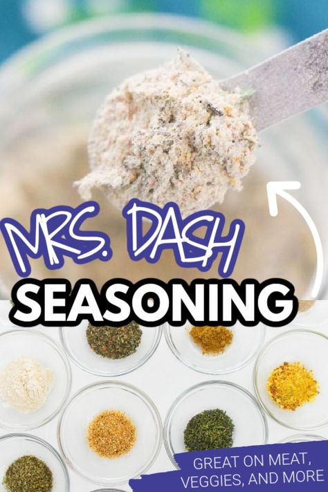 Mrs. Dash seasoning is a salt free blend of garlic and herbs. Use this Mrs Dash substitute on vegetables or meat for all your cooking needs. This salt free seasoning blend is one we keep on hand all the time. A pantry basic you will enjoy having. #saltfree #mrsdash #msdash #garlicherb #seasoning #homemade #fromscratch #pantry #dashseasoning #recipe #easy #5minute Diy Mrs Dash Garlic And Herb Seasoning, Mrs Dash Table Blend Recipe, Homemade Salt Free Seasonings, Salt Free Seasoning Blends, Mrs Dash Recipes, Mrs Dash Seasoning, Diy Seasonings, Salt Free Recipes, Salt Substitute