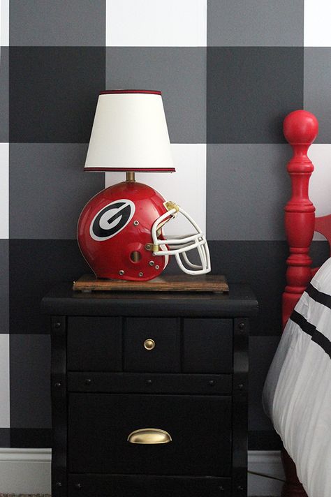 Teen Boy’s Room Makeover in Georgia Bulldogs’ Style – Less Than Perfect Life of Bliss Uga Bedroom Ideas, Red Boys Room, Georgia Bulldog Room, Football Room For Boys, Football Room, Football Kids Room, Boys Football Bedroom, Red Boys Bedroom, Georgia Bulldogs Decor