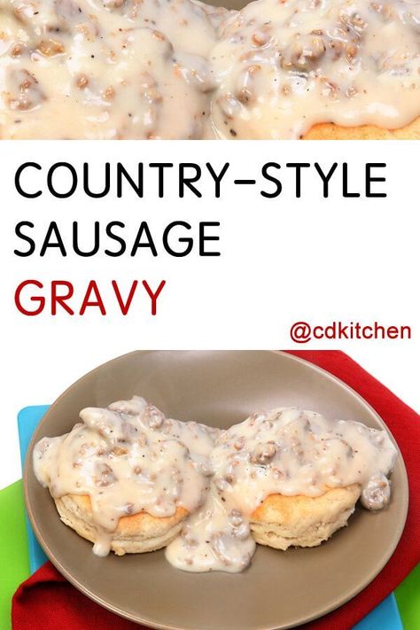 Country-Style Sausage Gravy - Recipe is made with ground breakfast sausage, flour, milk, water, salt and pepper | CDKitchen.com Gravy For Turkey, Ground Breakfast Sausage, Turkey And Mashed Potatoes, Fluffy Buttermilk Biscuits, Country Gravy Recipe, Turkey Gravy Recipe Easy, Turkey Gravy From Drippings, Easy Gravy Recipe, Sausage Gravy And Biscuits