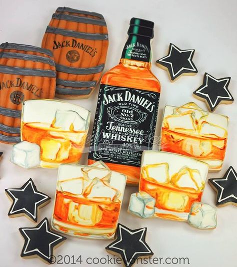 https://www.facebook.com/CookievonsterCustomCookies?fref=photo Jack Daniels Cookies, Jack Daniels Party Theme Decoration, Whiskey Cookies, Themed Cookies, Sugar Cookie Designs, Pretty Cookies, Fancy Cookies, Creative Cookies, Cookie Inspiration