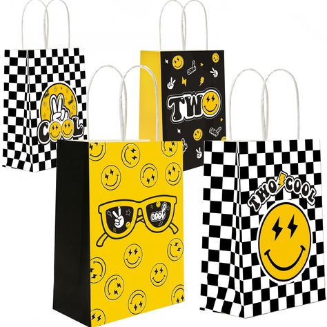 PRICES MAY VARY. 【Package】The package comes with 16 pieces two cool dude shape paper goody Bags in 2 styles as photo show. 【Superior Material】These smiling face gift bags with handles are made of High-quality card stocks with wonderful design, featuring two cool dude sign, happy face, sunglasses, checkered lightning and stars patterns. 【Size】These two cool smile-themed candy bags measure about 5.9" x3.2" x 11.6", the proper capacity is ideal for placing many snacks, desserts, gifts, presents, so Two Cool Birthday Party, Two Cool Birthday, Black Lightening, Second Birthday Party, Favor Boxes Birthday, Two Cool, Cool Dude, Birthday Box, Cool Themes