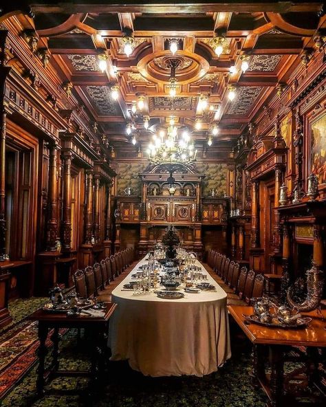 “PELES CASTLE” Located in Sinaia, Just South of Brasov, Romania - Sumptuous Dining Room Peles Castle Interior, Victorian Castle Aesthetic, Bloxburg Manor, Peles Castle Romania, Romania Aesthetic, Castle Romania, Kaer Morhen, Victorian Castle, Vlad Tepes