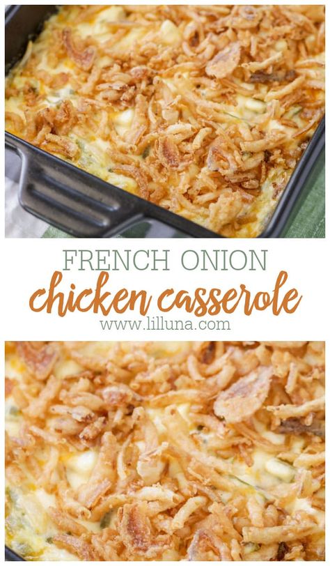 Just 10 minutes of prep time and you have a delicious creamy concoction of chicken, celery, and cheese topped with crispy fried onions! #frenchonionchickencasserole #frenchonioncasserole #frenchonions #chickencasserole #chicken Crispy Fried Onions Recipes, French Onion Chicken Casserole, Onion Chicken Casserole, French Onion Casserole, Chicken Celery, Crispy Fried Onions, Cheap Groceries, French Onion Chicken, Onion Chicken