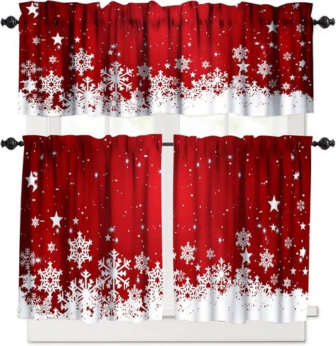 PRICES MAY VARY. 100% Polyester 🌻Christmas Valance Set Include: Your package will include 1 valance curtain measuring 54"W x 18"L and 2 tier curtain panels measuring 27"W x 36"L(Tiers total W54"x L36"). Rod pocket design allows for easy hanging on a standard curtain rod,making the curtains easy to install and slide. 🌻Privacy & Light Filtering: The tiers and valance 3 piece set can filter sunlight while preventing your furniture and floor from the damage of strong sunlight. Your space can be ke Christmas Kitchen Curtain Ideas, Red Kitchen Curtains, Christmas Kitchen Curtains, Christmas Valances, Christmas Curtains, Kitchen Curtains And Valances, Football Pillows, Snowflake Decoration, Kitchen Window Curtains