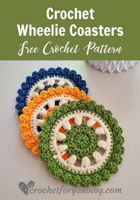 Crochet Wheelie Coasters Free Pattern - Crochet For You Crocheted Coasters, Crochet Coasters Free Pattern, Coaster Pattern, Dishcloth Crochet Pattern, Crochet Coaster Pattern, Crochet Mittens, Crochet Dishcloths, Quick Crochet, Crochet Free