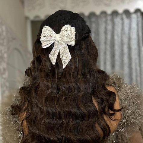 Classic waves with BLINGY-EST BOW✨🎀 >>> Grab yours today!! (we also have colors in this bow😉) (#iamdrama #hairdrama #bowgate #bowgate2024 Hair Bows, Crystals, Hair Accessories) Wedding Hair Looks, Dance Competition Hair, Competition Hair, Diamond Hair, Bow Barrette, Hair Coils, Holiday Glam, Diamond Bows, Half Updo