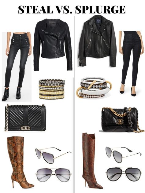 Steal Vs. Splurge / Steal Vs. Splurge Fashion And Accessories Save Vs Splurge, Splurge Vs Steal, Snake Print Boots, Fawn Colour, Leather Moto Jacket, Black Leather Jacket, Black Handbags, High Waist Jeans, Chanel Bag