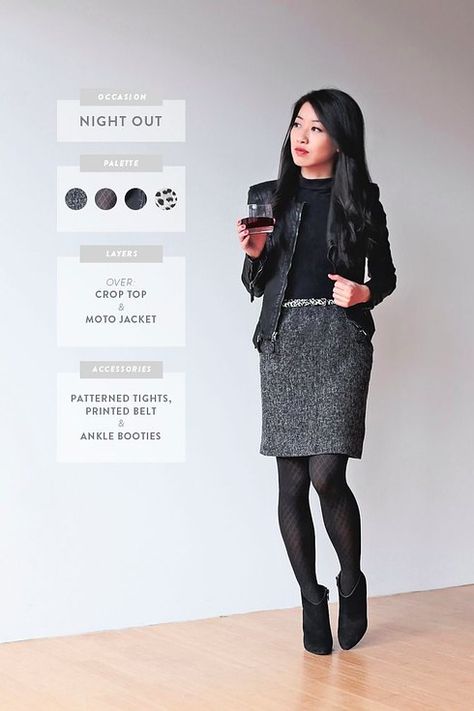 17 Super Useful Styling Tips For Women Under 5'4 -  the leather jacket and skirt are super cute! Not else about high heels but lower heeled booties would work. How To Wear Ankle Boots, Wool Tights, Extra Petite, Look Formal, Chique Outfits, Rock Outfit, Trendy Skirts, Patterned Tights, Womens Business Casual