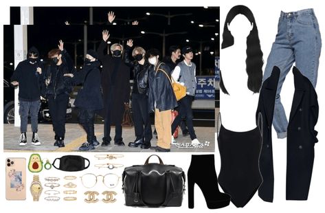 Airport Outfit Ideas, Bts 8th Member, Black Dress Style, Airplane Outfits, Black Wavy Hair, Bts Outfits, Long Pants Outfit, Bts Clothing, Monochromatic Fashion