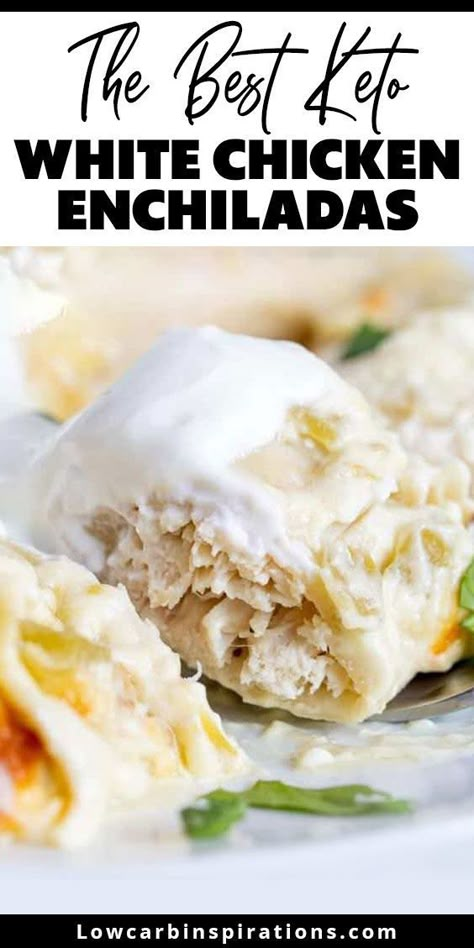 Level up your Tex-Mex dinner with these Keto White Chicken Enchiladas with Cream Sauce! Inspired by one of my favorite restaurants long ago, this keto dinner idea is sure to be one of your family's new favorite recipes! Leto White Chicken Enchiladas, Keto Cream Cheese Chicken Enchiladas, Keto Sour Cream Chicken Enchiladas, Keto Chicken Enchiladas With White Sauce, Low Carb White Chicken Enchiladas, Ground Chicken Enchiladas, Keto White Chicken Enchiladas, Chicken Enchiladas White Sauce, Sugar Free Lunch Ideas