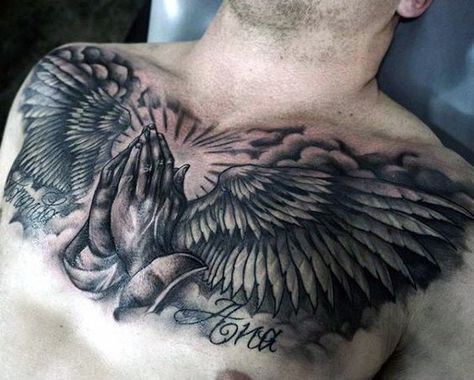 Mens Chest Tattoo Of Praying Hands With Angel Wings Chest Tattoo Wings, Tattoo Lower Back, Christus Tattoo, Wing Tattoo Men, Full Chest Tattoos, Tato Flash, Mens Tattoos, Praying Hands Tattoo, Tato Dada