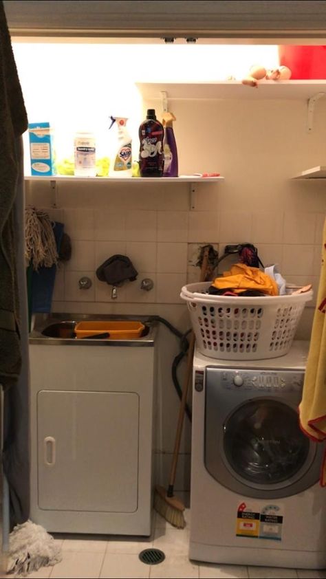 Laundry before and after: Dreamy Euro style laundry behind pocket doors Laundry Before And After, Laundry Room Design Small Layout, Euro Laundry, Laundry Remodel, European Laundry, Tiny Laundry, Free Standing Sink, Compact Laundry, Tiny Laundry Rooms