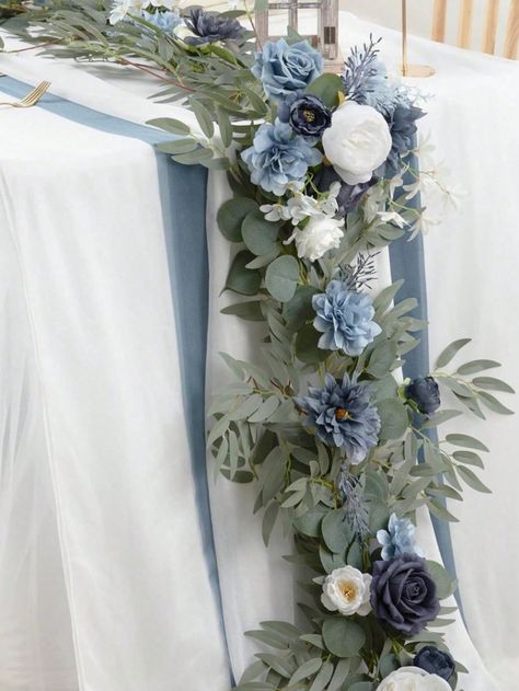 Dusty Blue  Collar     Embellished   Home Decor Backdrop Decorations For Wedding, Head Table Decor Wedding, Blue Wedding Theme Centerpieces, Arch Flowers Wedding, Garland With Flowers, Medieval Wedding Theme, Sweetheart Table Centerpiece, Head Table Wedding Decorations, Wedding Arch Backdrop