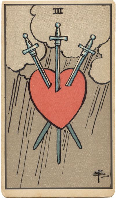 Three of Swords – TarotTools.com Three Of Swords Drawing, Three Of Swords Reversed Tattoo, Three Of Swords Tarot Tattoo, Three Of Hearts Tattoo, Three Swords Tattoo, 3 Of Swords Tattoo, Three Of Swords Tattoo, 3 Of Swords Tarot, 3 Of Hearts